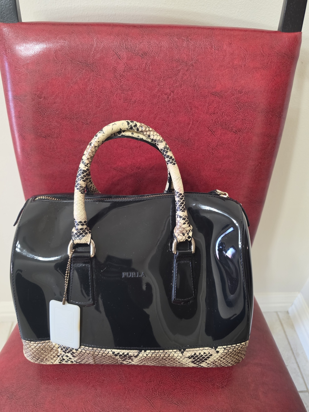 Furla Black Patent Satchel with Beige Snake-Print Trim
